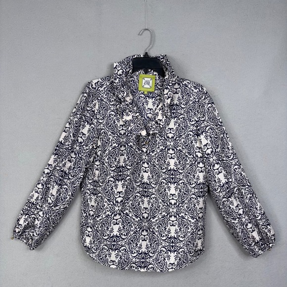 Elizabeth McKay Tops - Elizabeth McKay Blouse Womens 12 Navy White Lion Print Silk Ruffle Preppy